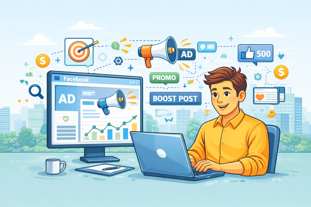 Pria muda dengan iklan digital