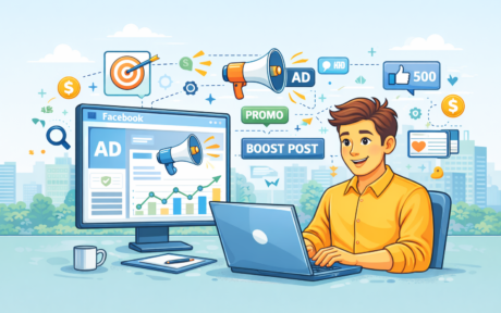 Pria muda dengan iklan digital